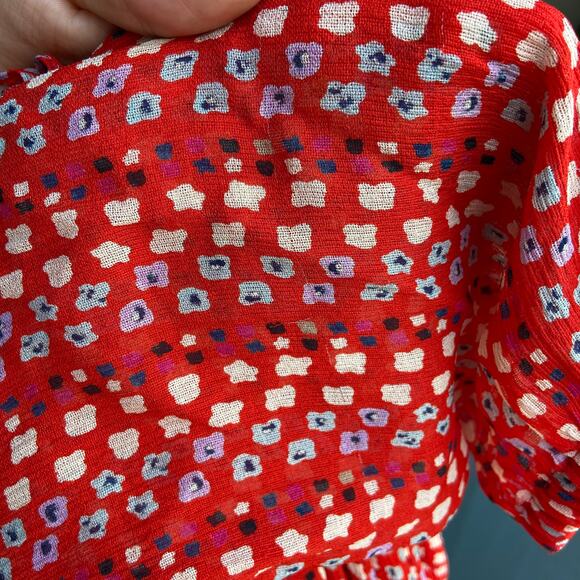 Tanya Taylor Daria Silk Midi Dress Size 8 Red Geo Print Chiffon Ruffles - Picture 12 of 12